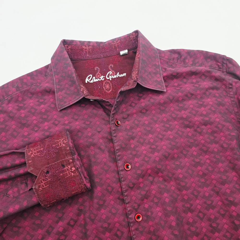 Robert Graham Mens 2XL Classic Fit Burgundy Paisley Diamond Long Sleeve Shirt